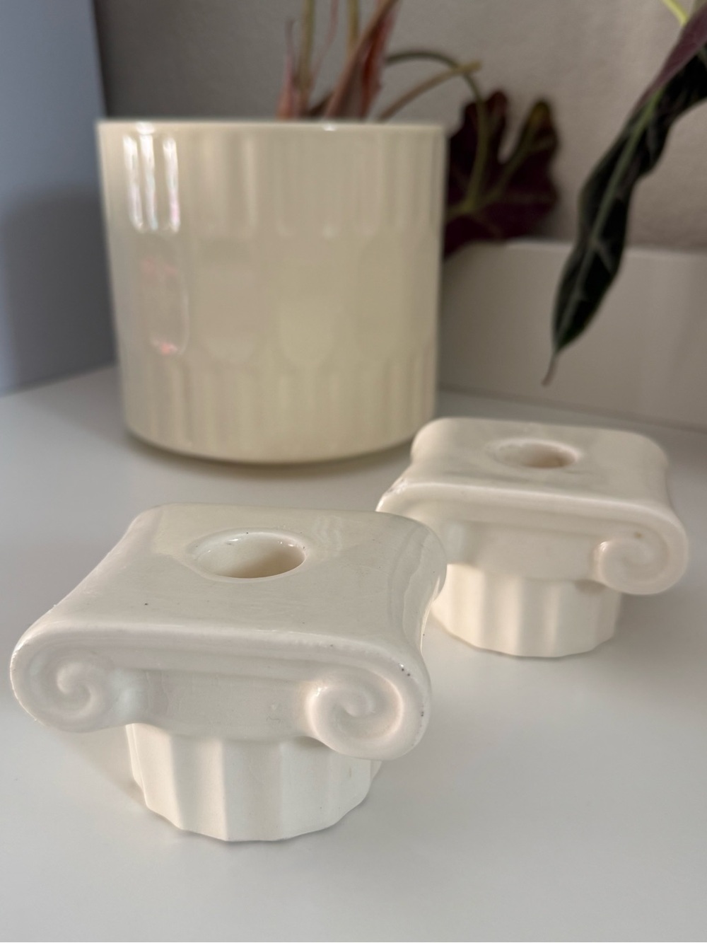 Vintage Cream Ceramic Ionic Column Candle Holders - Set of 2